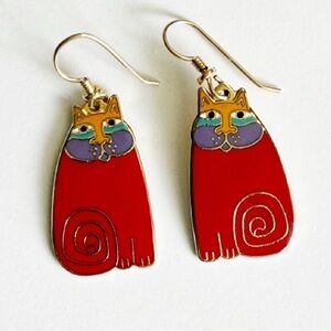 Laurel Burch Vintage 1986 Olivia Cat Red Gold Tone Hoop Dangle Earrings